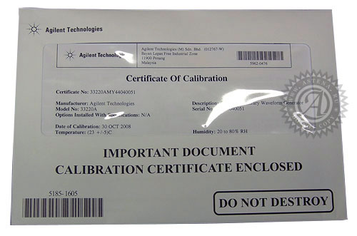 Калибровочный сертификат на генератор 33220A Agilent Technologies