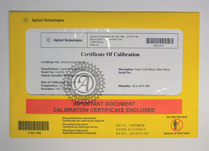 сертификат о калибровке вольтметра 34420A Agilent Technologies