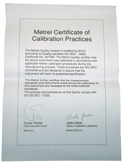 Сертификат калибровки MI 2120